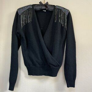 Vintage Kelly Harper Wrap Front Ribbed Fringe Beaded Sweater Small Petite Black